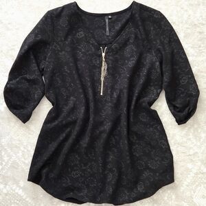 CATHY Petite Small Sheer Black Floral Blouse 3/4